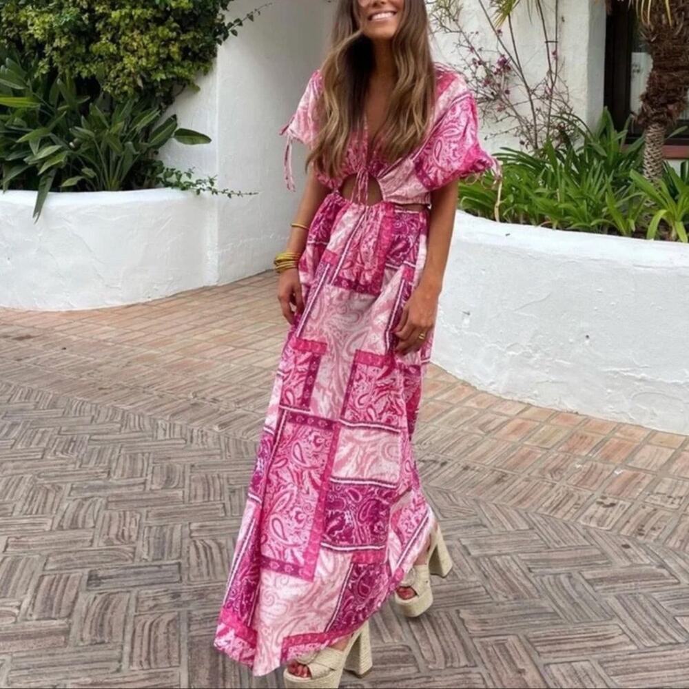 Zara Pink Paisley Patchwork Cotton Cut Out Maxi Dress Size L